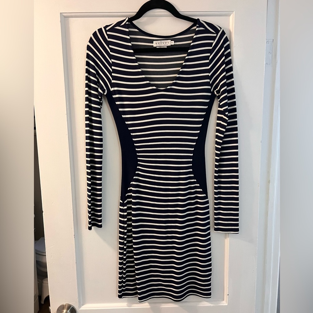 Velvet by Graham & Spencer Navy and White Striped Long Sleeve Dress